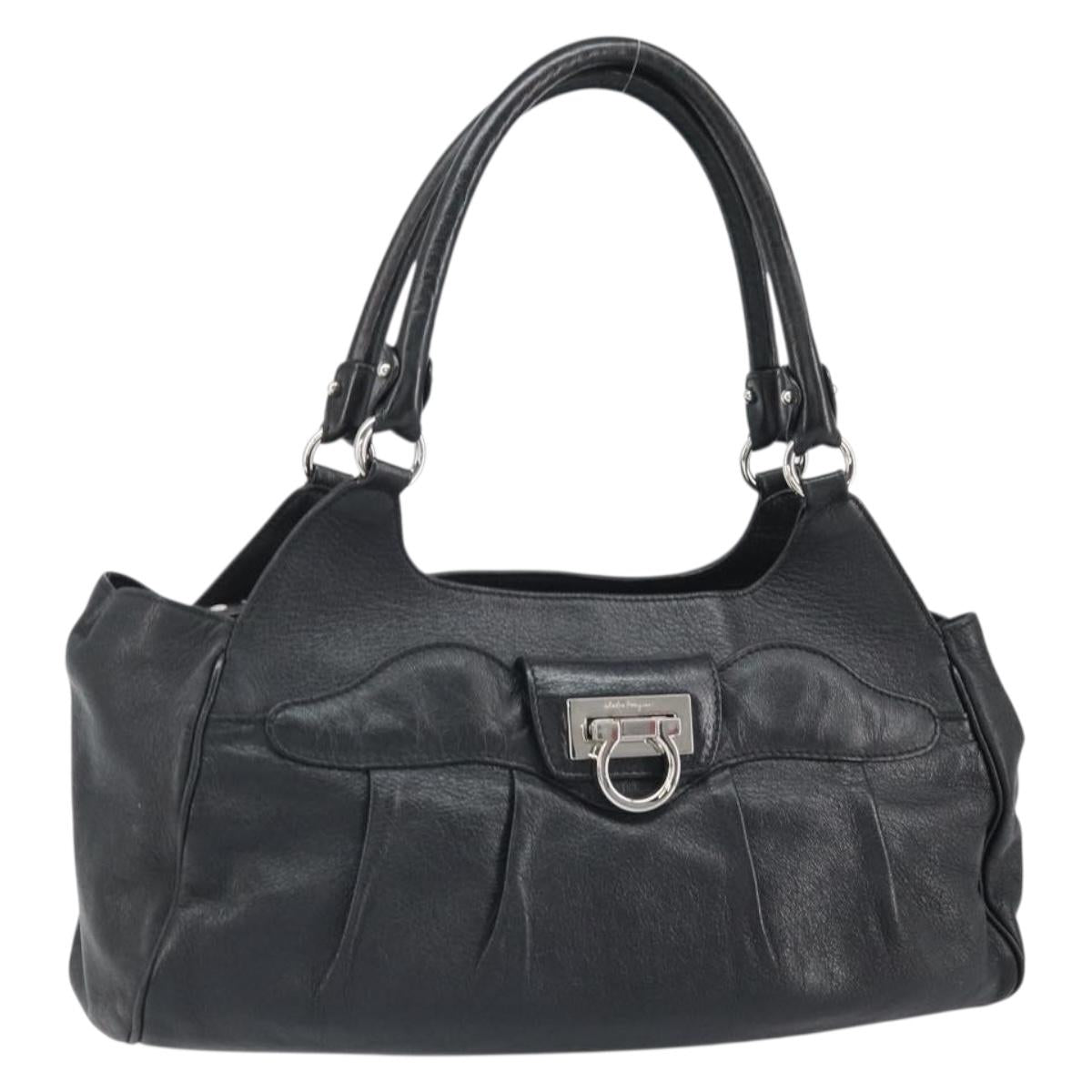 Salvatore Ferragamo Gancini Hand Bag Leather Black Silver Auth am10665