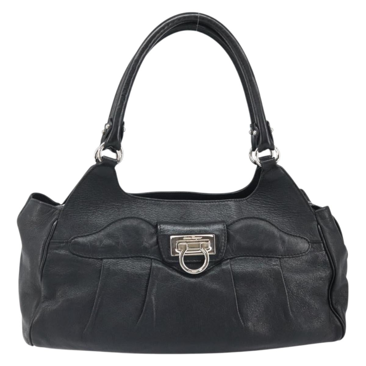 Salvatore Ferragamo Gancini Hand Bag Leather Black Silver Auth am10665