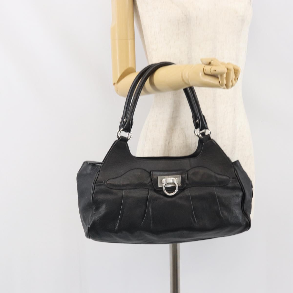 Salvatore Ferragamo Gancini Hand Bag Leather Black Silver Auth am10665
