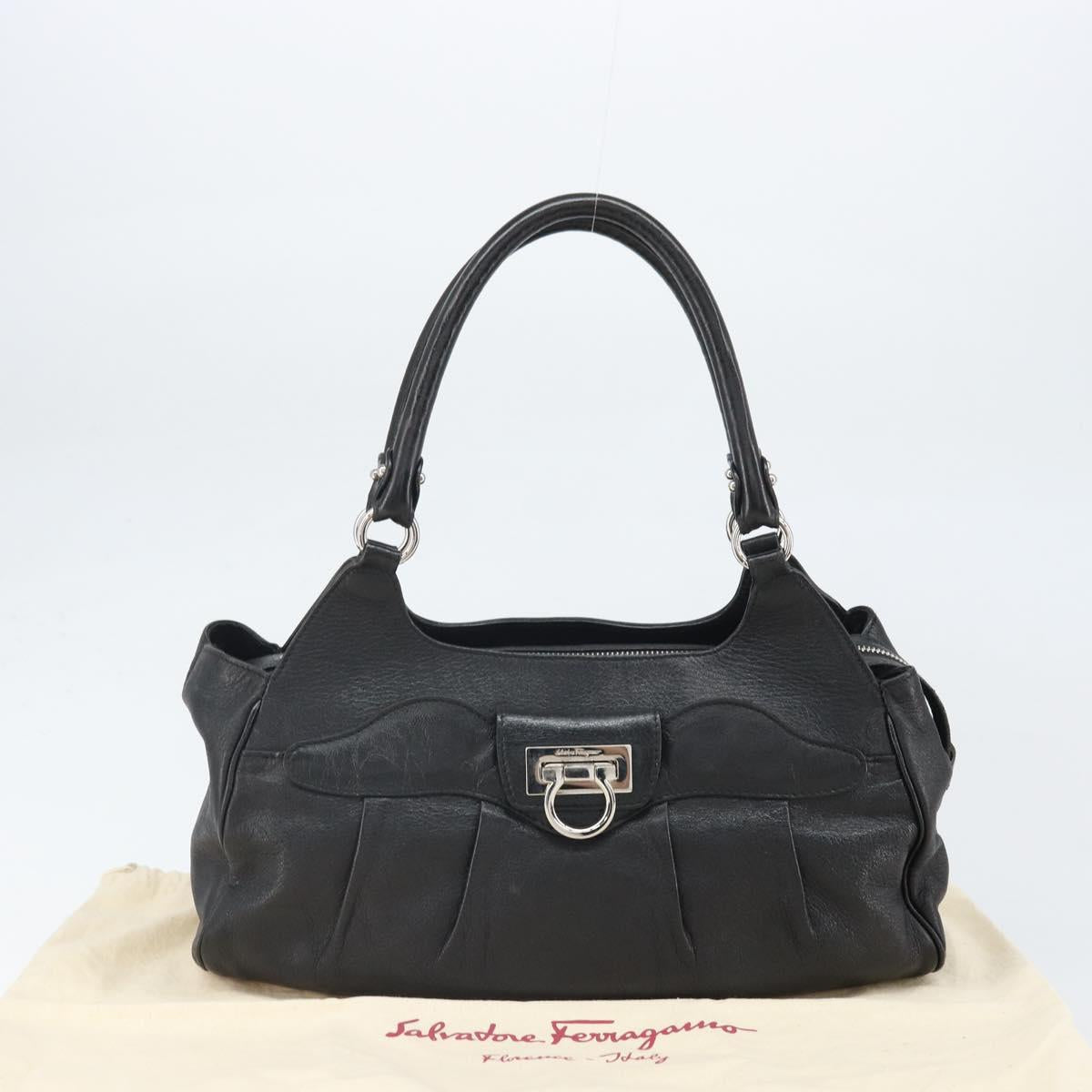 Salvatore Ferragamo Gancini Hand Bag Leather Black Silver Auth am10665