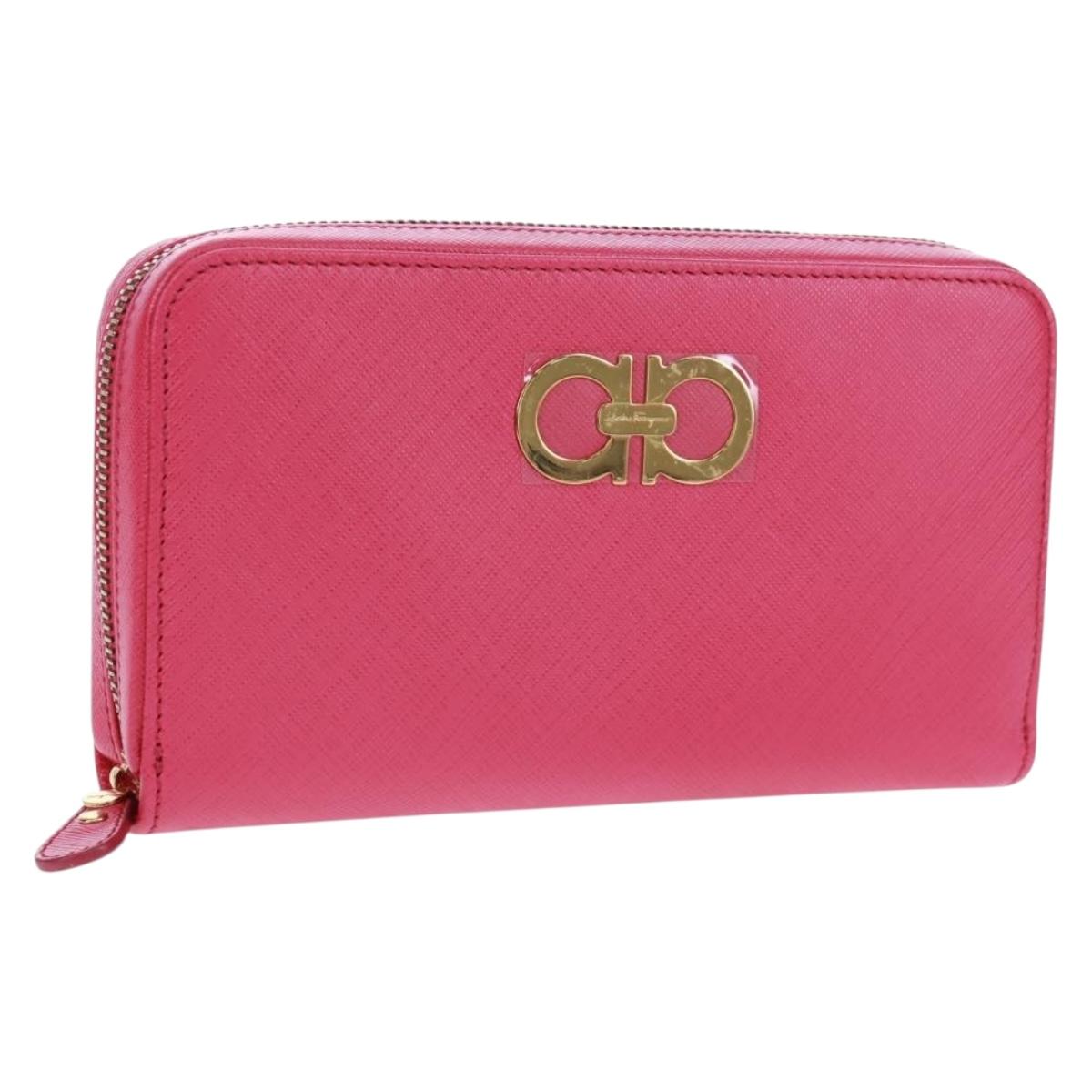 Salvatore Ferragamo Gancini Round Long Wallet Leather Pink Gold Auth am10679V