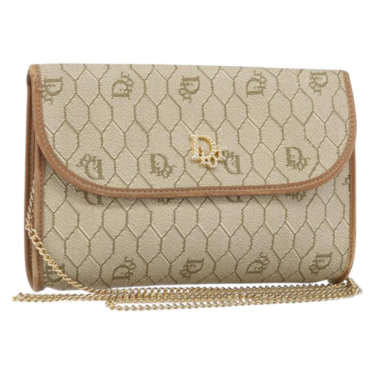 Christian Dior Honeycomb Canvas Chain Shoulder Bag PVC Beige Gold Auth am10688
