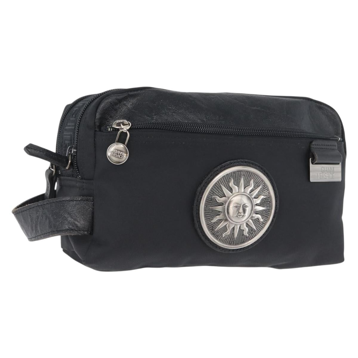 VERSACE Sunburst Clutch Bag Nylon Black Silver Auth am10693