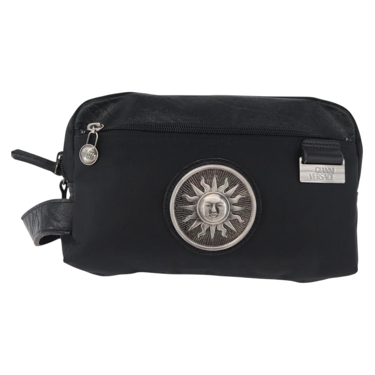 VERSACE Sunburst Clutch Bag Nylon Black Silver Auth am10693