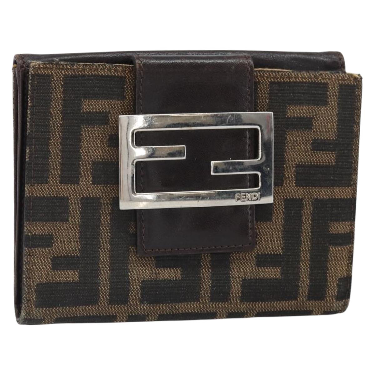 FENDI Zucca Canvas Trifold Wallet Black Brown Auth am10699