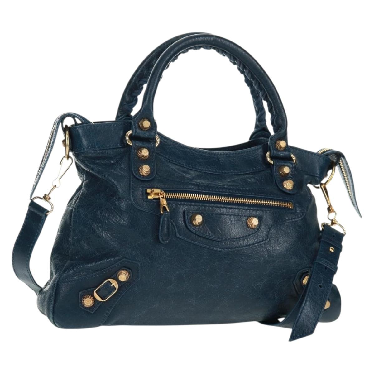 BALENCIAGA Giant Town Hand Bag Leather 2way Blue Gold Auth am10713SAV