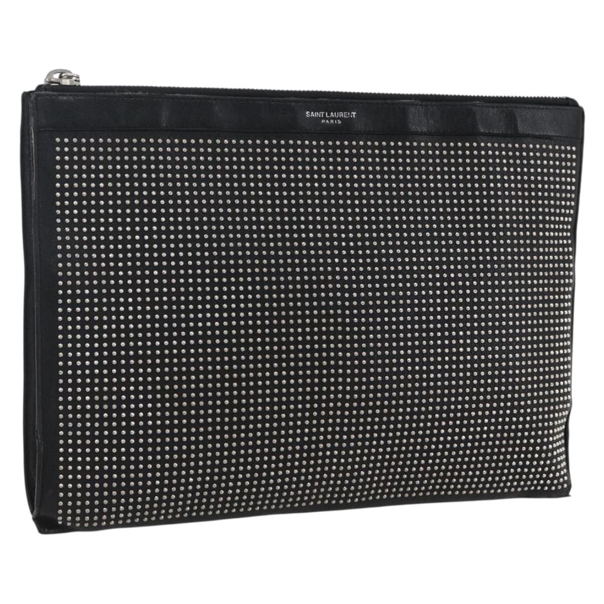 SAINT LAURENT Studs Clutch Bag Leather Black Silver Auth am10722
