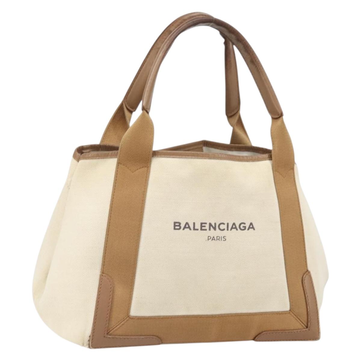 BALENCIAGA Navy Kabas Hand Bag Canvas White Beige 339933 Auth am10755