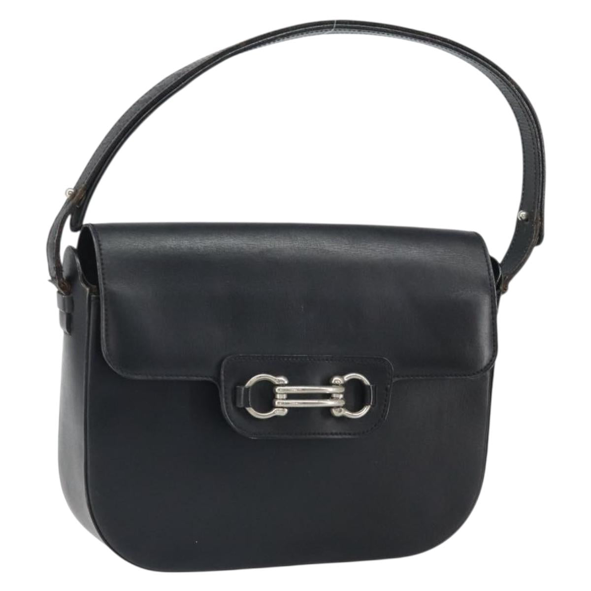 Christian Dior Horsebit Shoulder Bag Leather Black Silver Auth am10763