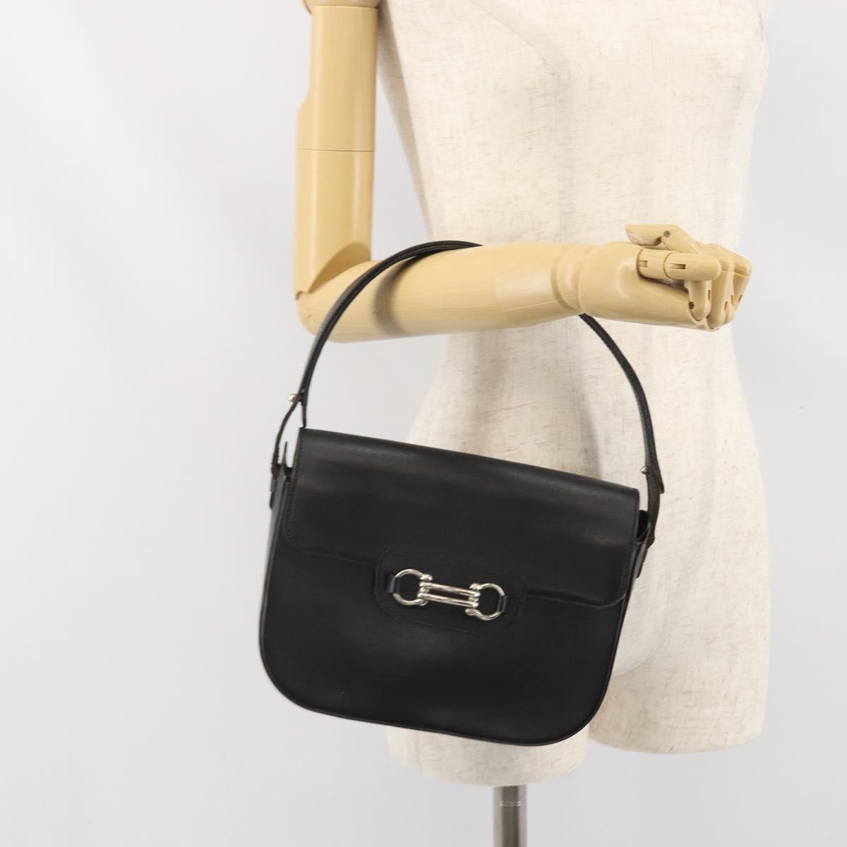 Christian Dior Horsebit Shoulder Bag Leather Black Silver Auth am10763