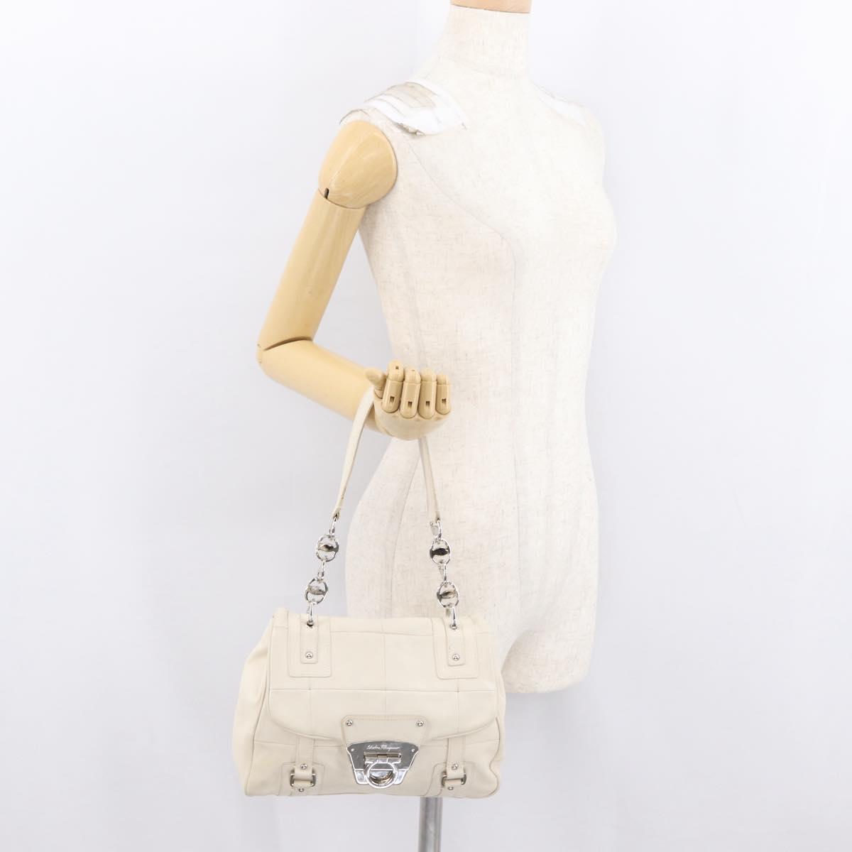 Salvatore Ferragamo One Belt Hand Bag Leather White Silver Auth am10782