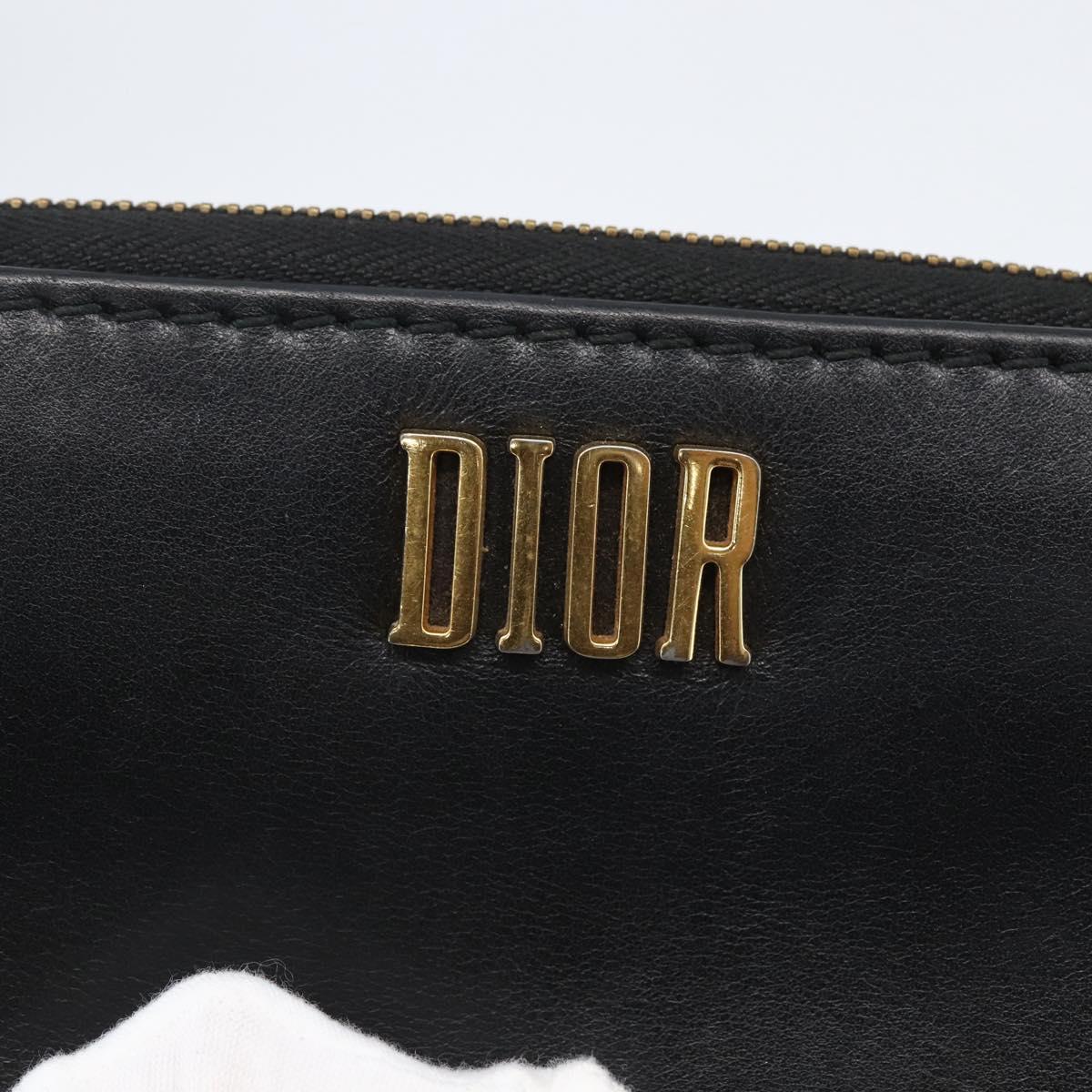 Christian Dior Round Long Wallet Leather Black Gold Auth am10801