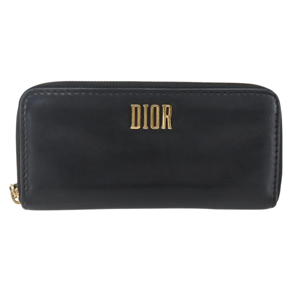 Christian Dior Round Long Wallet Leather Black Gold Auth am10801