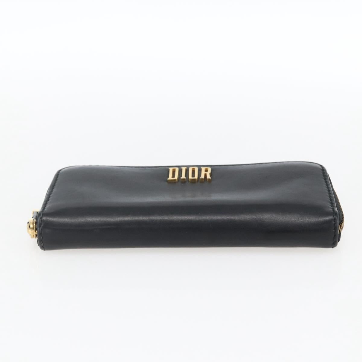 Christian Dior Round Long Wallet Leather Black Gold Auth am10801
