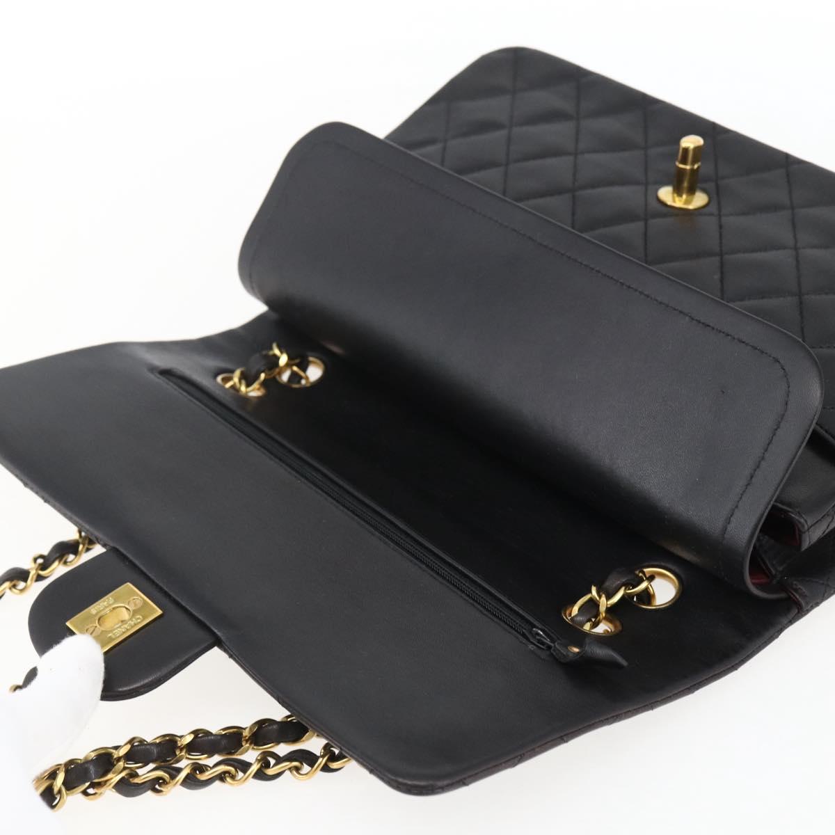CHANEL Matelasse 25 Double Flap Chain Bag Lamb Skin Black CC Auth am10803SAM