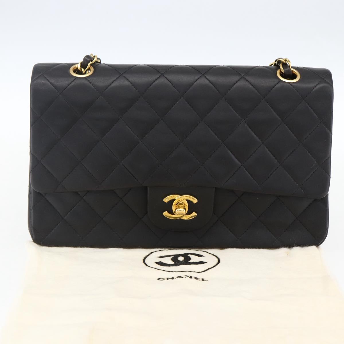 CHANEL Matelasse 25 Double Flap Chain Bag Lamb Skin Black CC Auth am10803SAM