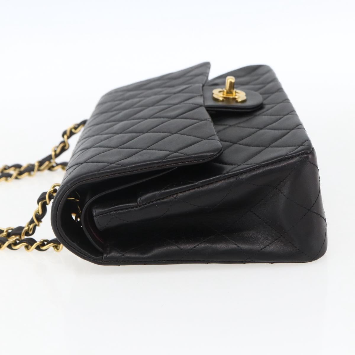 CHANEL Matelasse 25 Double Flap Chain Bag Lamb Skin Black CC Auth am10803SAM