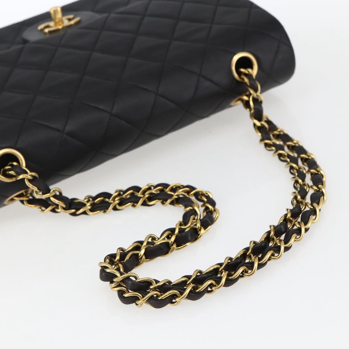 CHANEL Matelasse 25 Double Flap Chain Bag Lamb Skin Black CC Auth am10803SAM