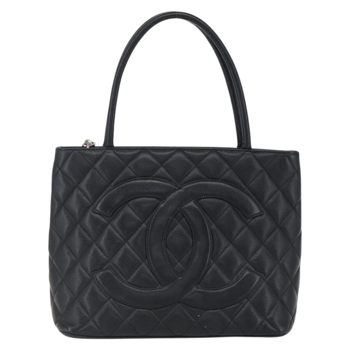 CHANEL Matelasse Reprint Tote Bag Caviar Skin Black Silver CC Auth am10812SAM