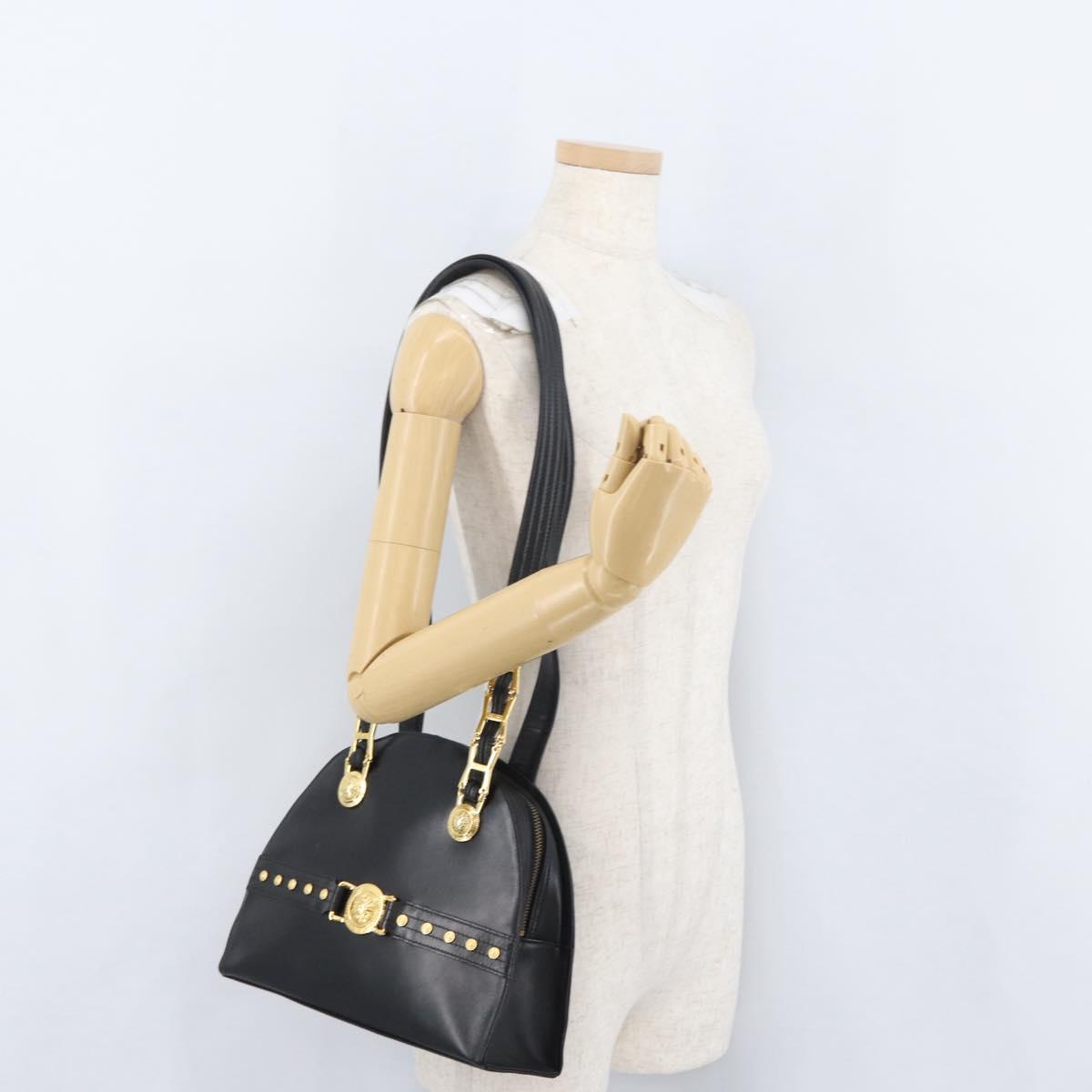 Gianni Versace Sunburst Tote Bag Leather Black Gold Auth am10821A
