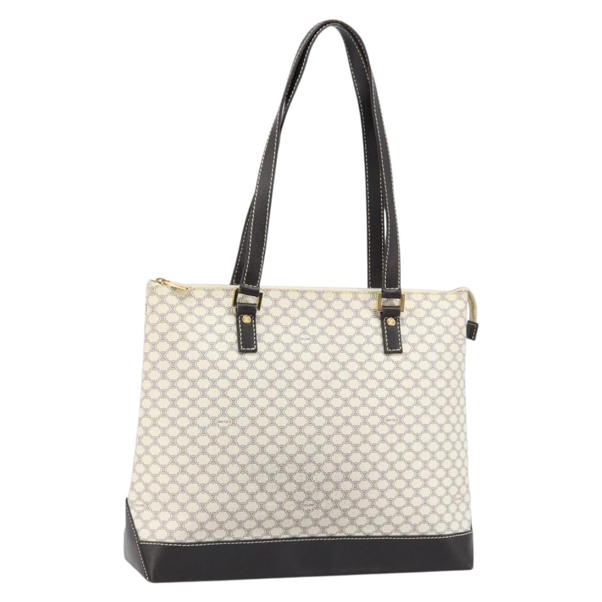 CELINE Macadam Canvas Tote Bag PVC Leather White Gold Auth am10839