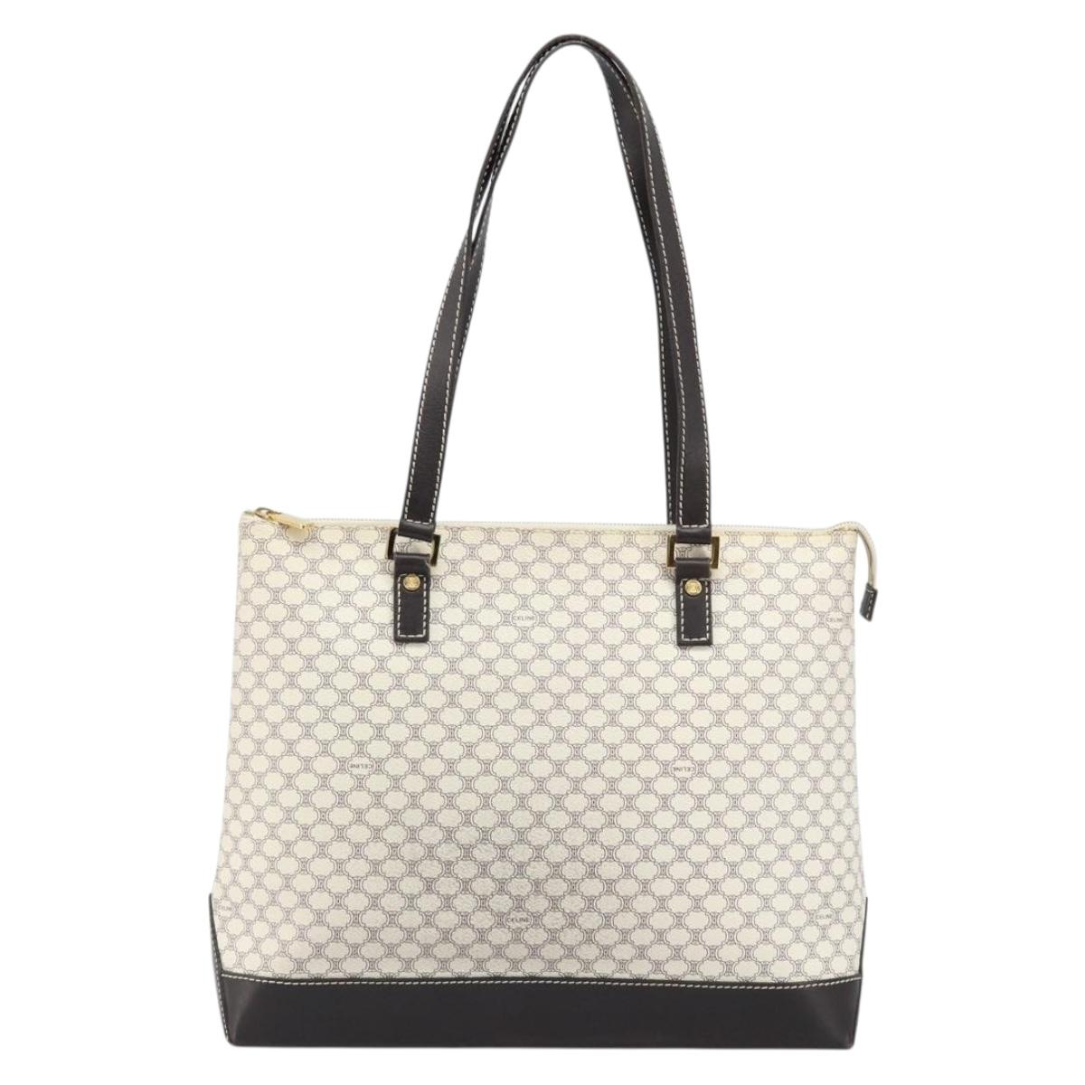 CELINE Macadam Canvas Tote Bag PVC Leather White Gold Auth am10839