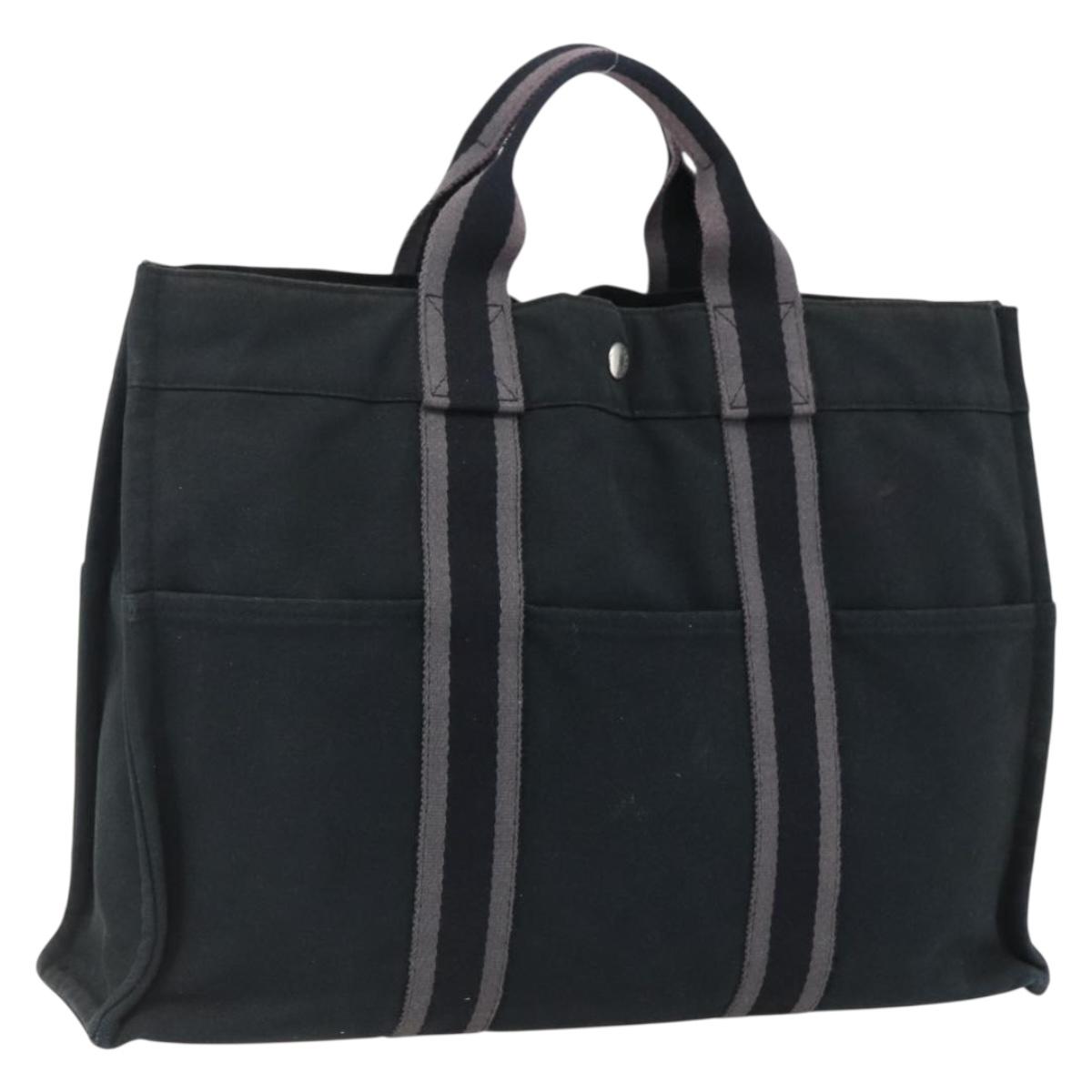 HERMES Fourre Tout MM Hand Bag Canvas Black Silver Auth am10842