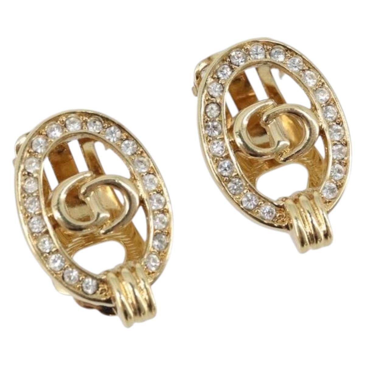 Christian Dior CD Rhinestone Earring metal Gold Auth am10843V