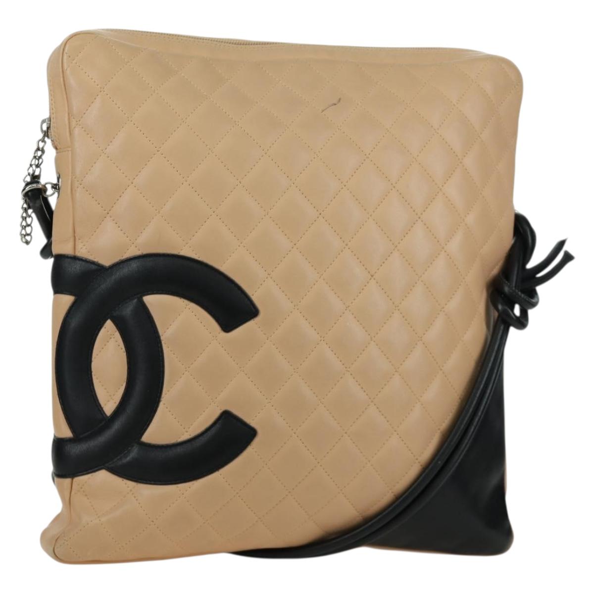 CHANEL Cambon Line Matelasse Shoulder Bag Lamb Skin Beige Black CC Auth am10849V