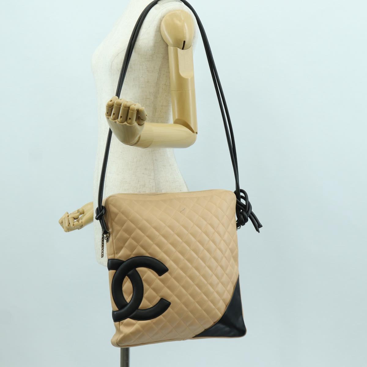 CHANEL Cambon Line Matelasse Shoulder Bag Lamb Skin Beige Black CC Auth am10849V