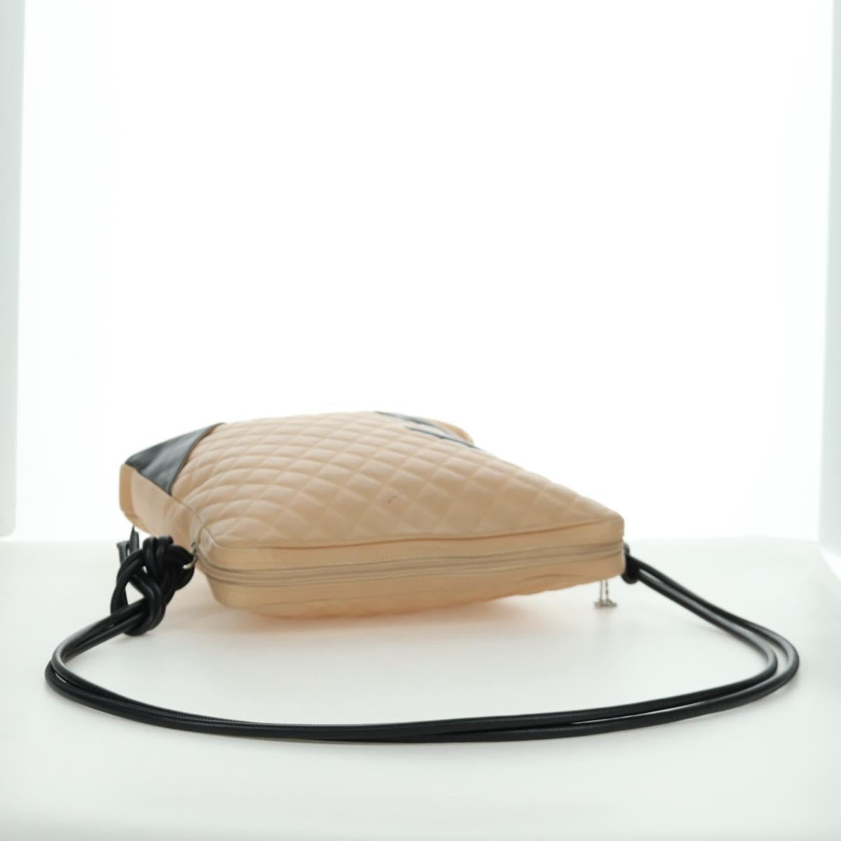 CHANEL Cambon Line Matelasse Shoulder Bag Lamb Skin Beige Black CC Auth am10849V