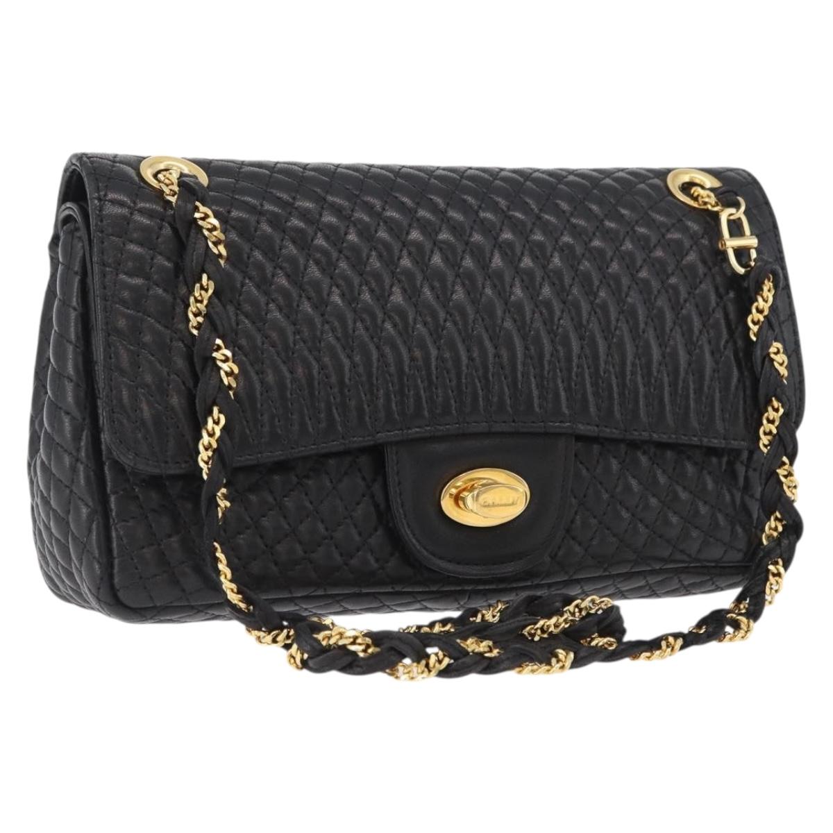 BALLY Quilted Chain Shoulder Bag Leather Black Gold Auth am10857V