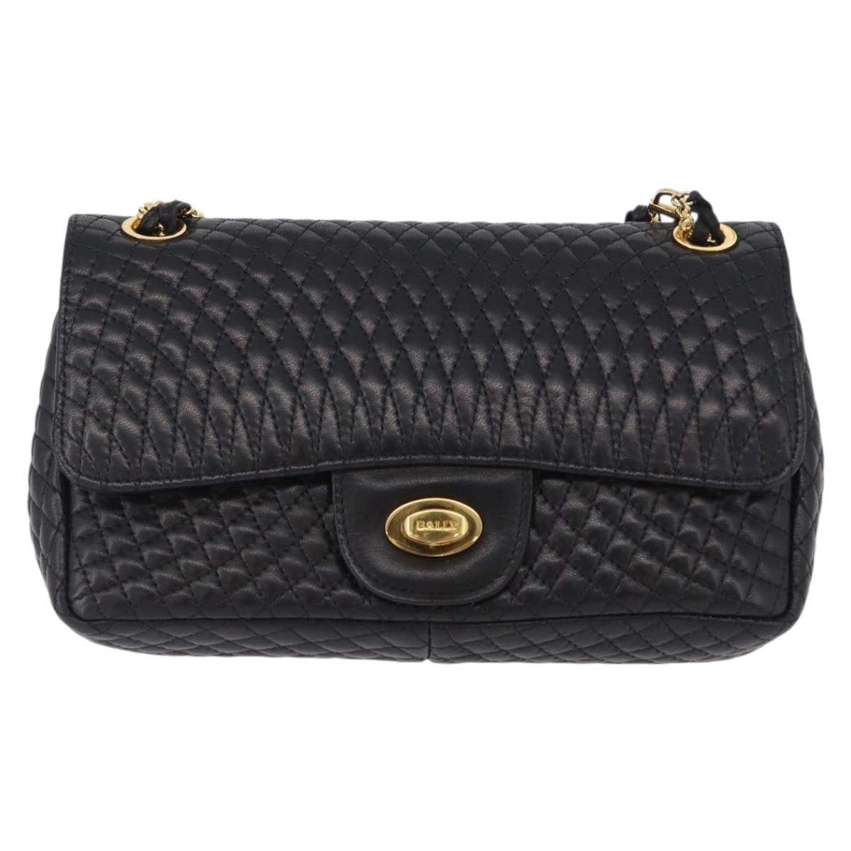 BALLY Quilted Chain Shoulder Bag Leather Black Gold Auth am10857V