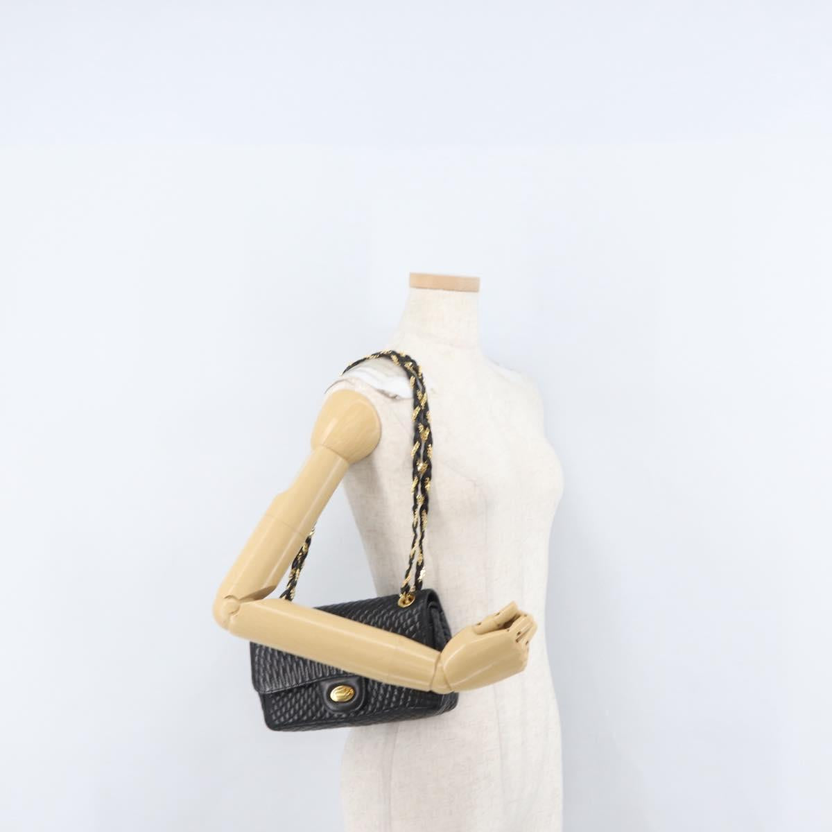BALLY Quilted Chain Shoulder Bag Leather Black Gold Auth am10857V