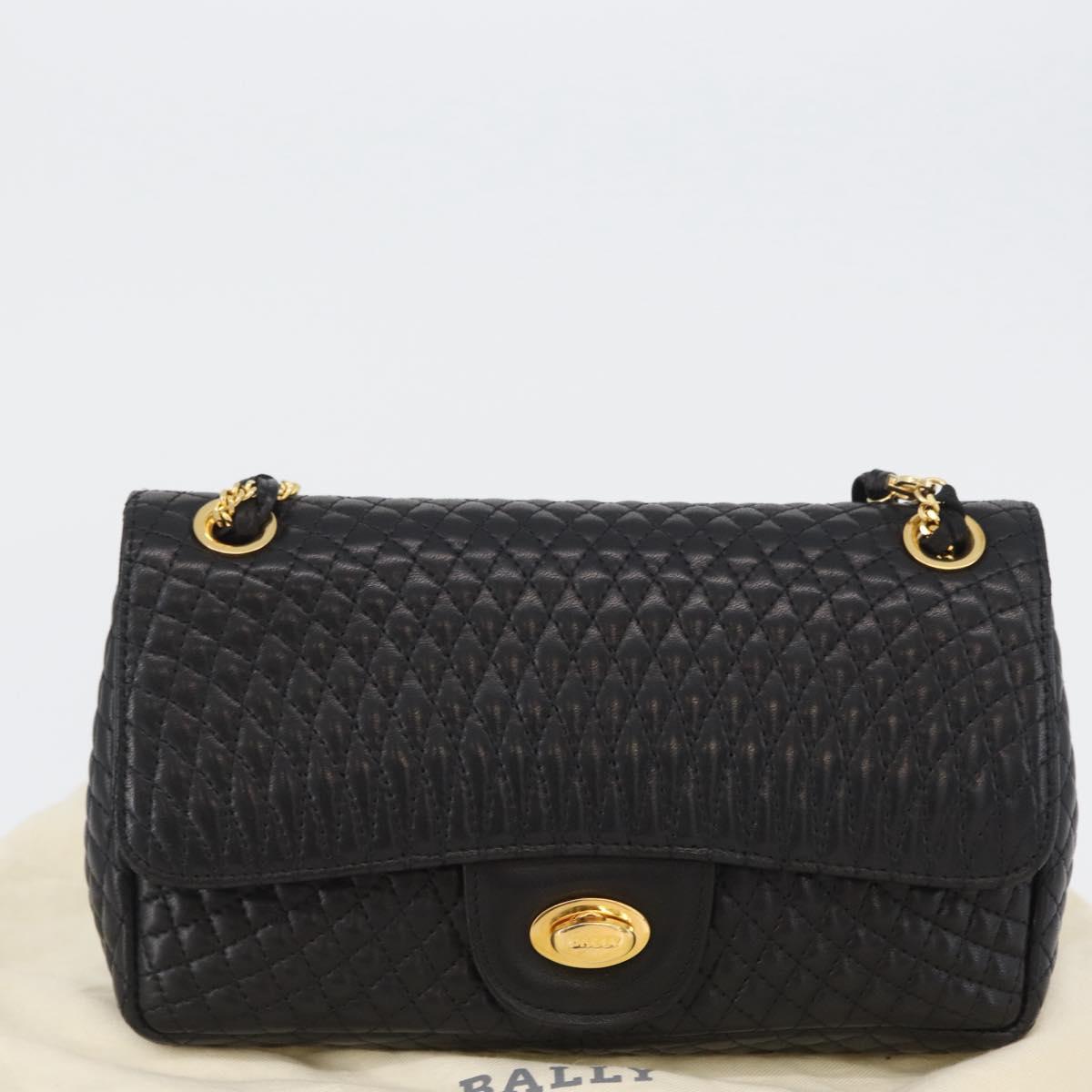 BALLY Quilted Chain Shoulder Bag Leather Black Gold Auth am10857V