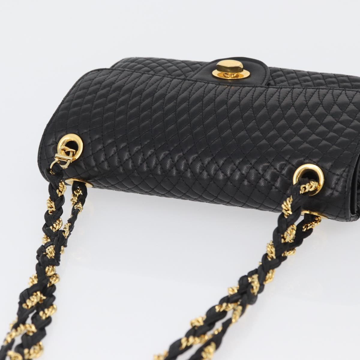 BALLY Quilted Chain Shoulder Bag Leather Black Gold Auth am10857V