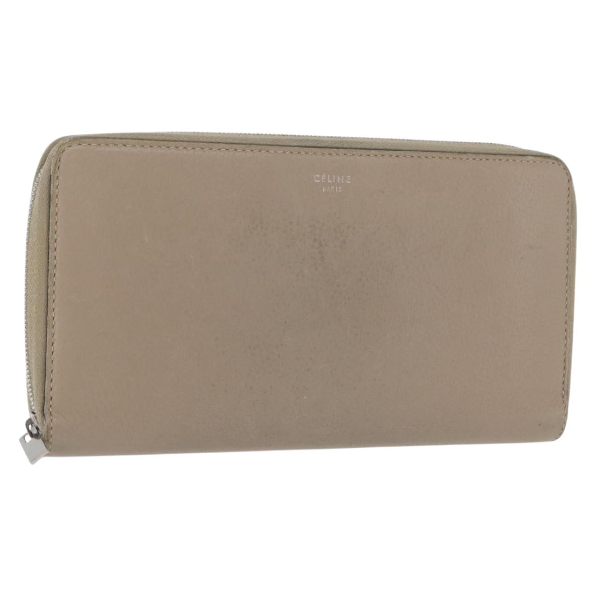 CELINE Long Wallet Leather Beige Silver Auth am10868