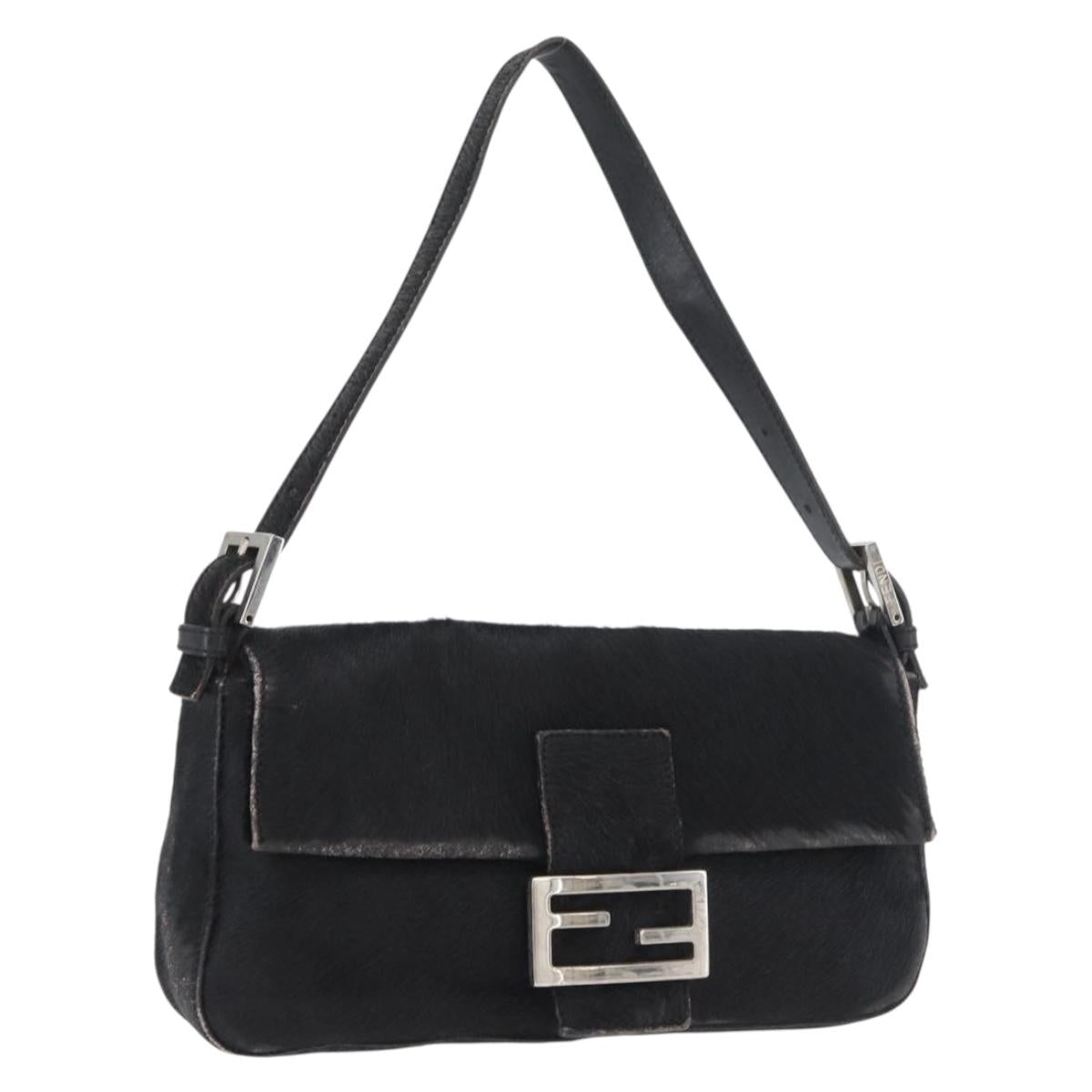 FENDI Unborn Calf Skin Mamma Baguette Shoulder Bag Black Silver Auth am10931A