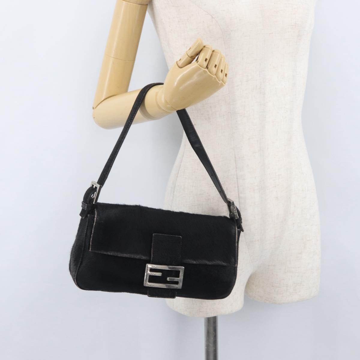 FENDI Unborn Calf Skin Mamma Baguette Shoulder Bag Black Silver Auth am10931A