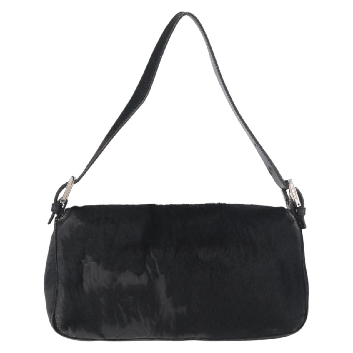FENDI Unborn Calf Skin Mamma Baguette Shoulder Bag Black Silver Auth am10931A