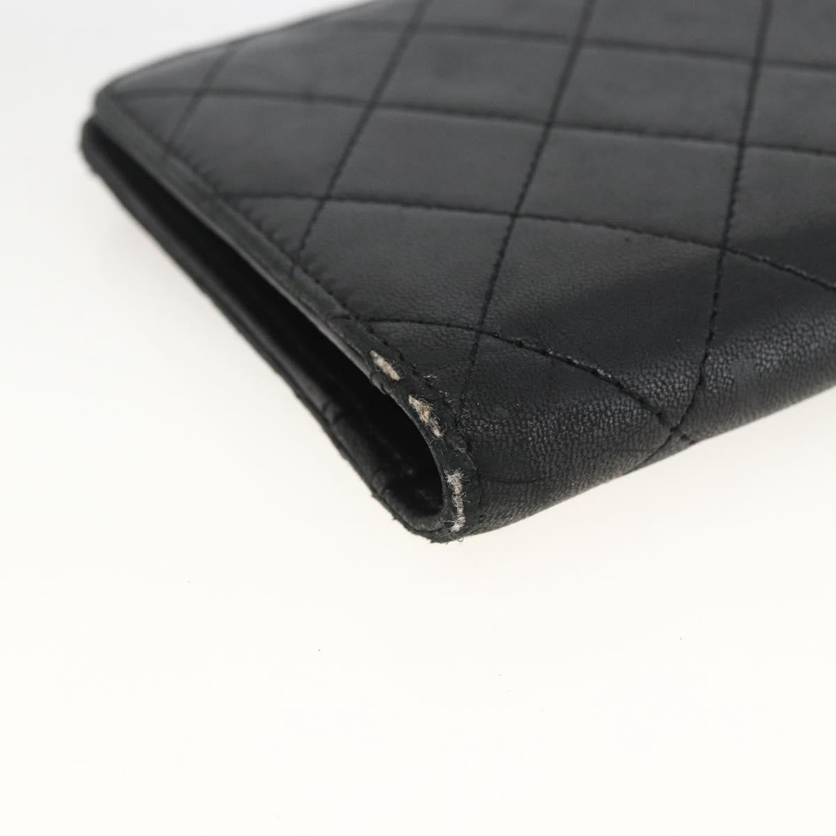 CHANEL Matelasse Long Wallet Lamb Skin Black Silver CC Auth am10948