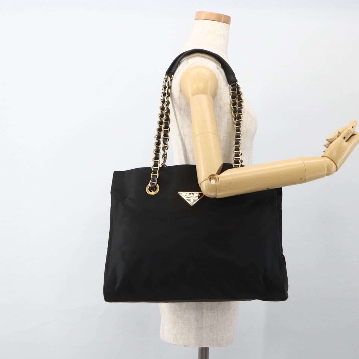 PRADA Chain Tote Bag Nylon Black Gold Auth am10950A