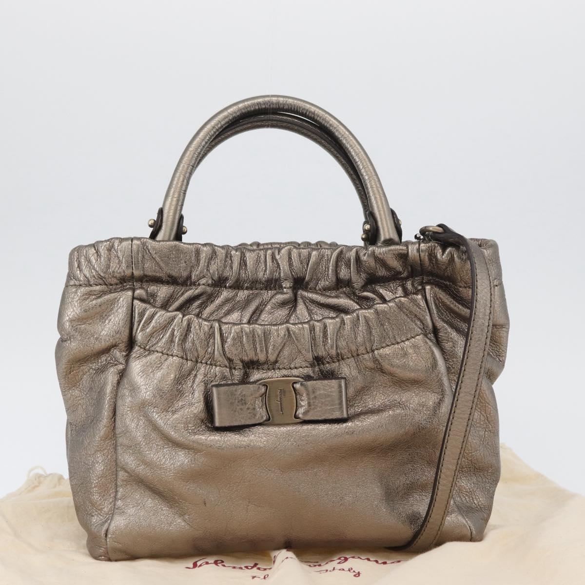 Salvatore Ferragamo Vala Hand Bag Leather 2way Silver Auth am10956