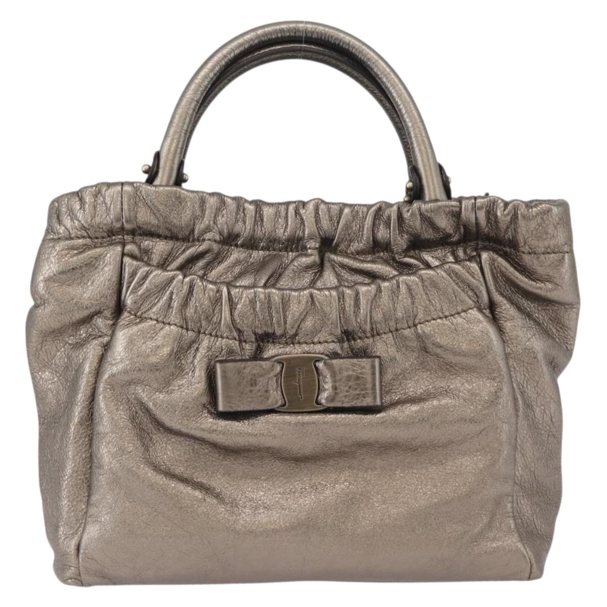 Salvatore Ferragamo Vala Hand Bag Leather 2way Silver Auth am10956