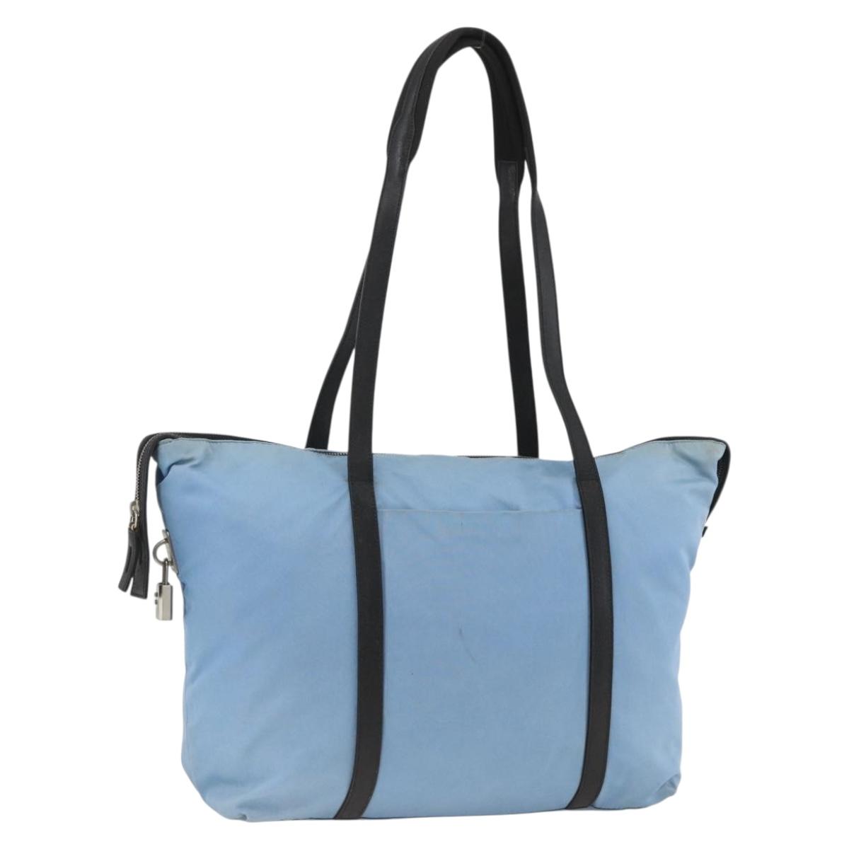 PRADA Tote Bag Nylon Leather Light Blue Silver Auth am11000