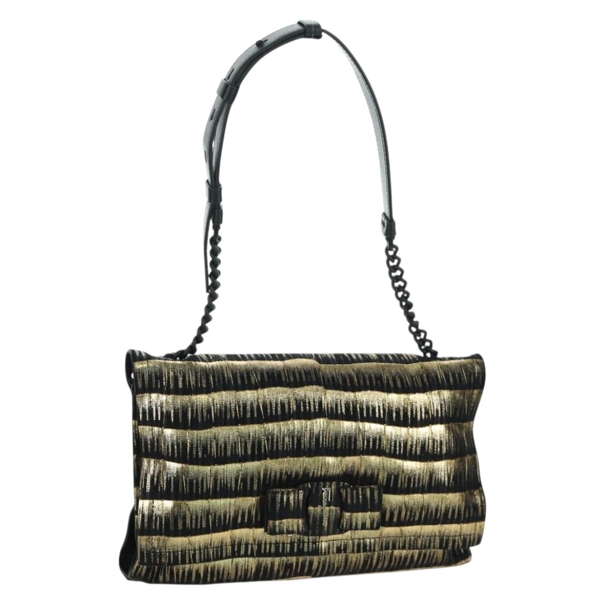 Salvatore Ferragamo Vala Chain Shoulder Bag Leather Black Gold Auth am11001V