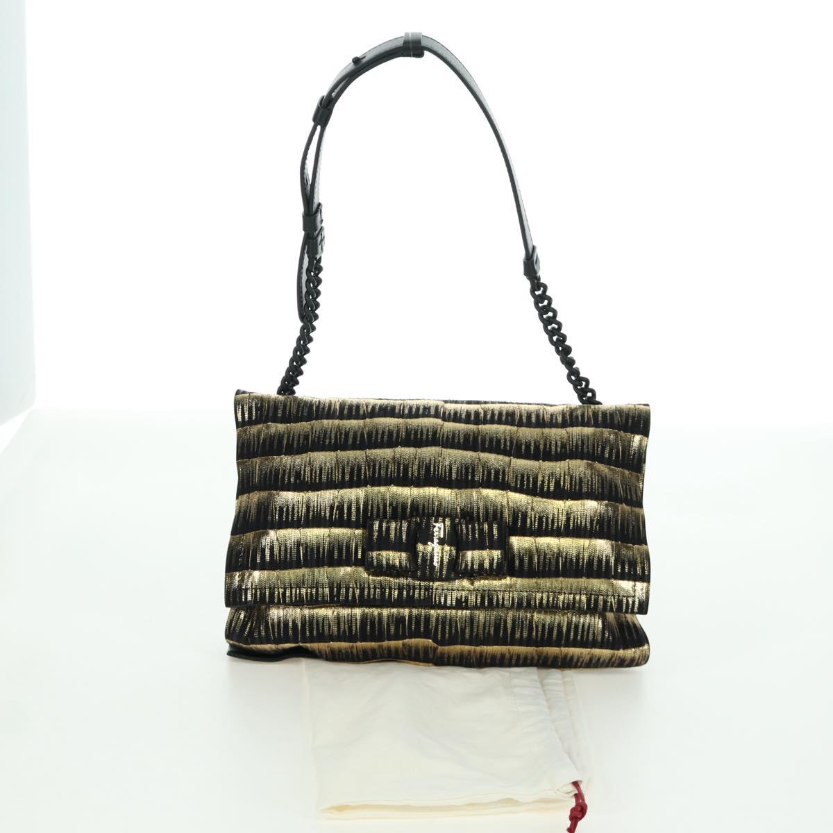 Salvatore Ferragamo Vala Chain Shoulder Bag Leather Black Gold Auth am11001V