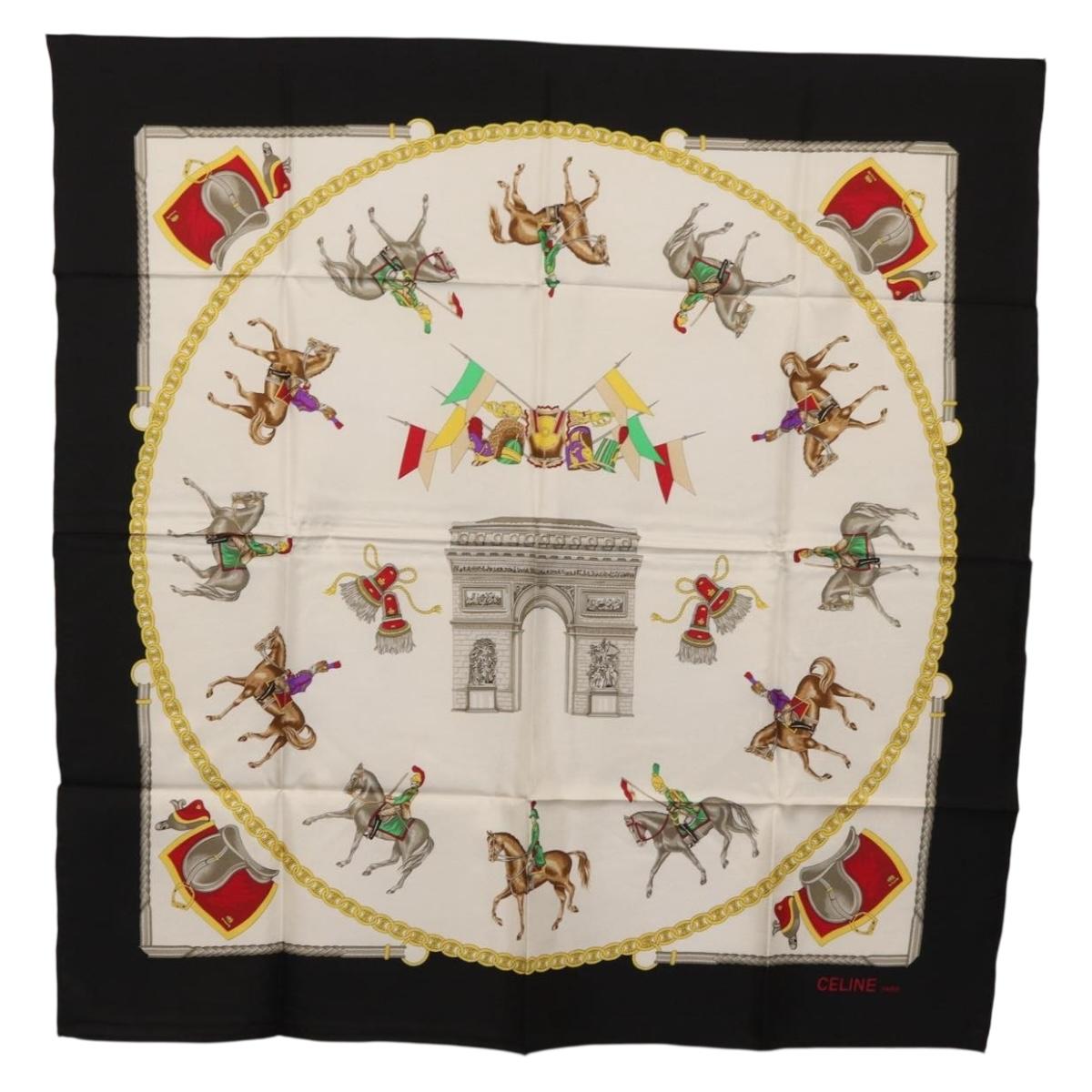 CELINE Scarf Silk Black White Auth am11020A