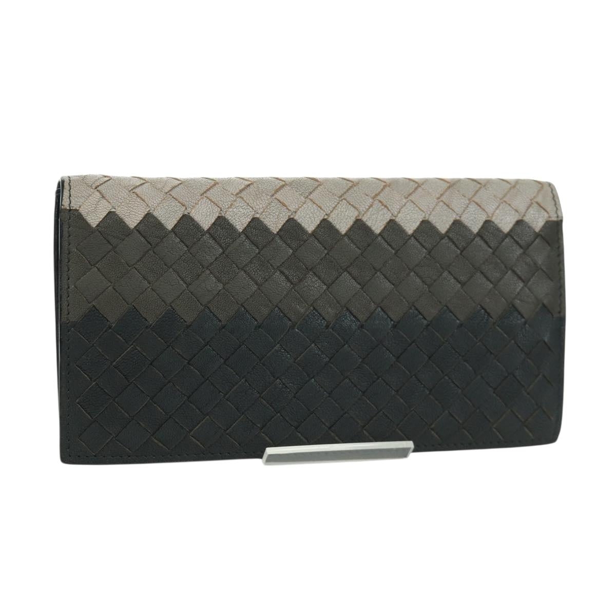 BOTTEGA VENETA INTRECCIATO Long Wallet Leather Navy Gray Ivory Auth am11043A