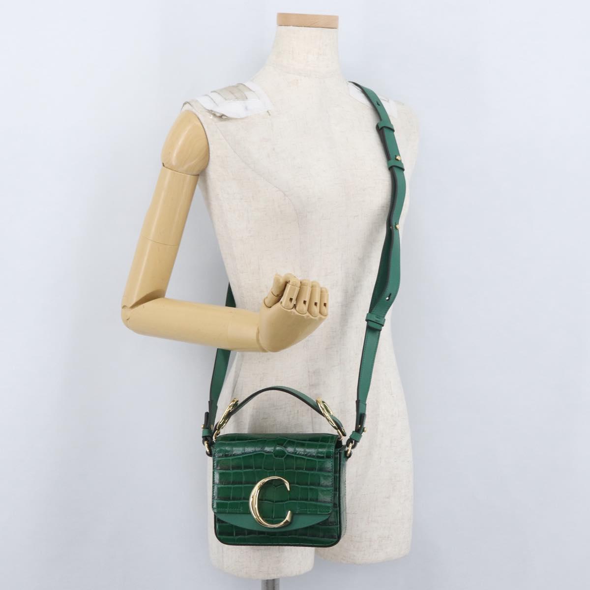 Chloe C Hand Bag Embossed Leather 2way Green Gold Auth am11062V